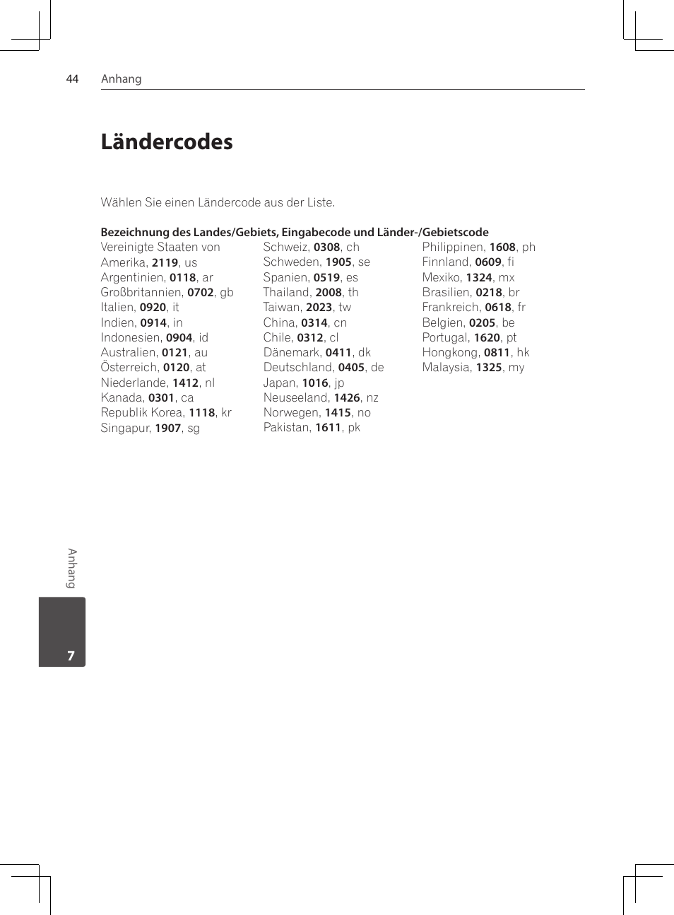 44 ländercodes, Ländercodes | Pioneer DCS-222K User Manual | Page 136 / 280