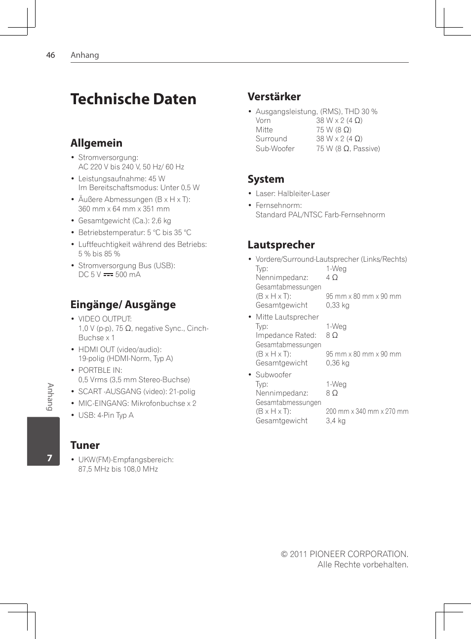 Technische daten, Allgemein, Eingänge/ ausgänge | Tuner, Verstärker, System, Lautsprecher | Pioneer DCS-222K User Manual | Page 138 / 280