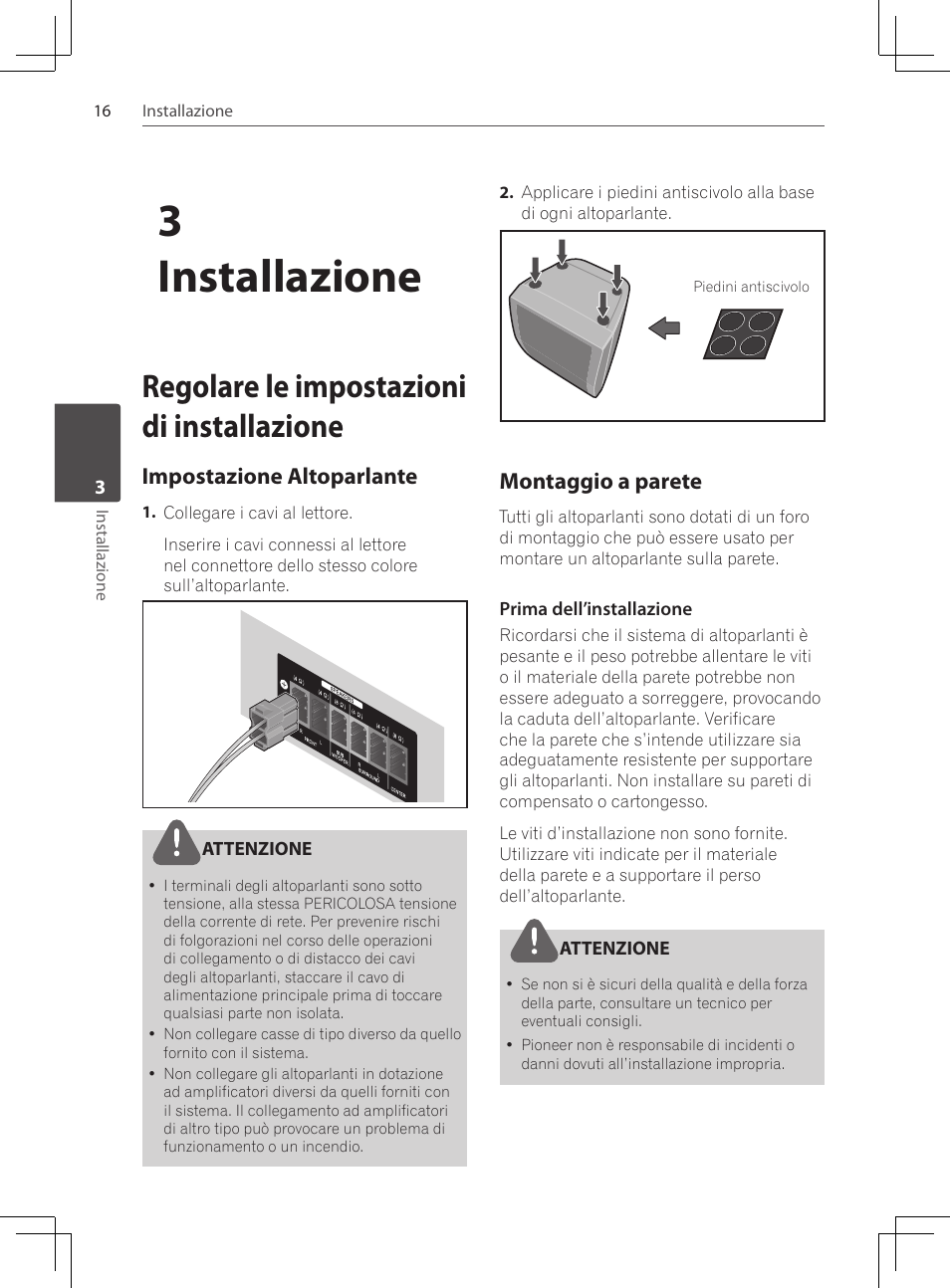 Regolare le impostazioni di installazione, Impostazione altoparlante, Montaggio a parete | 3installazione | Pioneer DCS-222K User Manual | Page 154 / 280