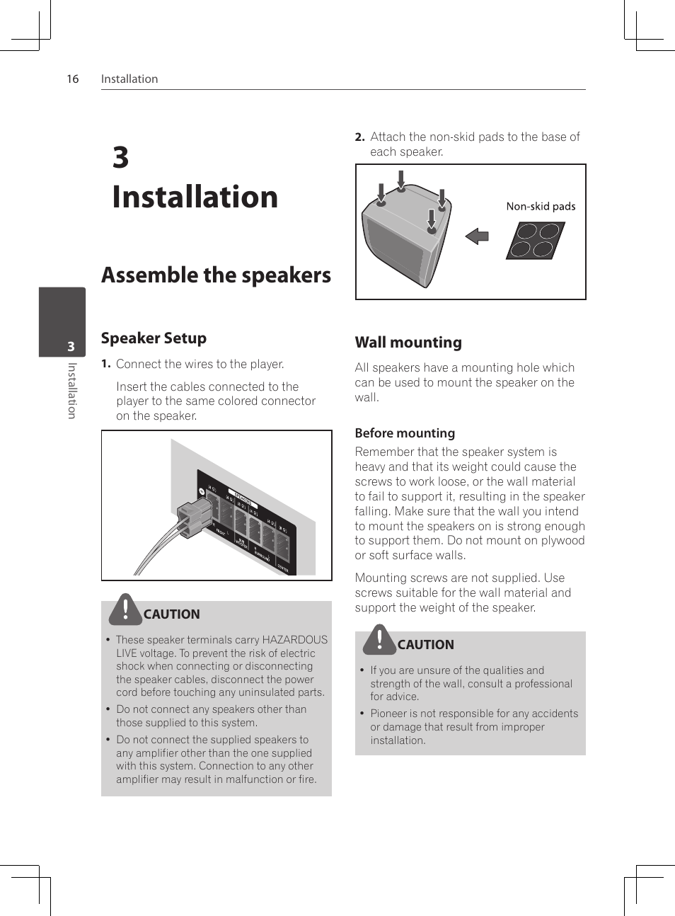 Assemble the speakers, Speaker setup, Wall mounting | 3installation | Pioneer DCS-222K User Manual | Page 16 / 280