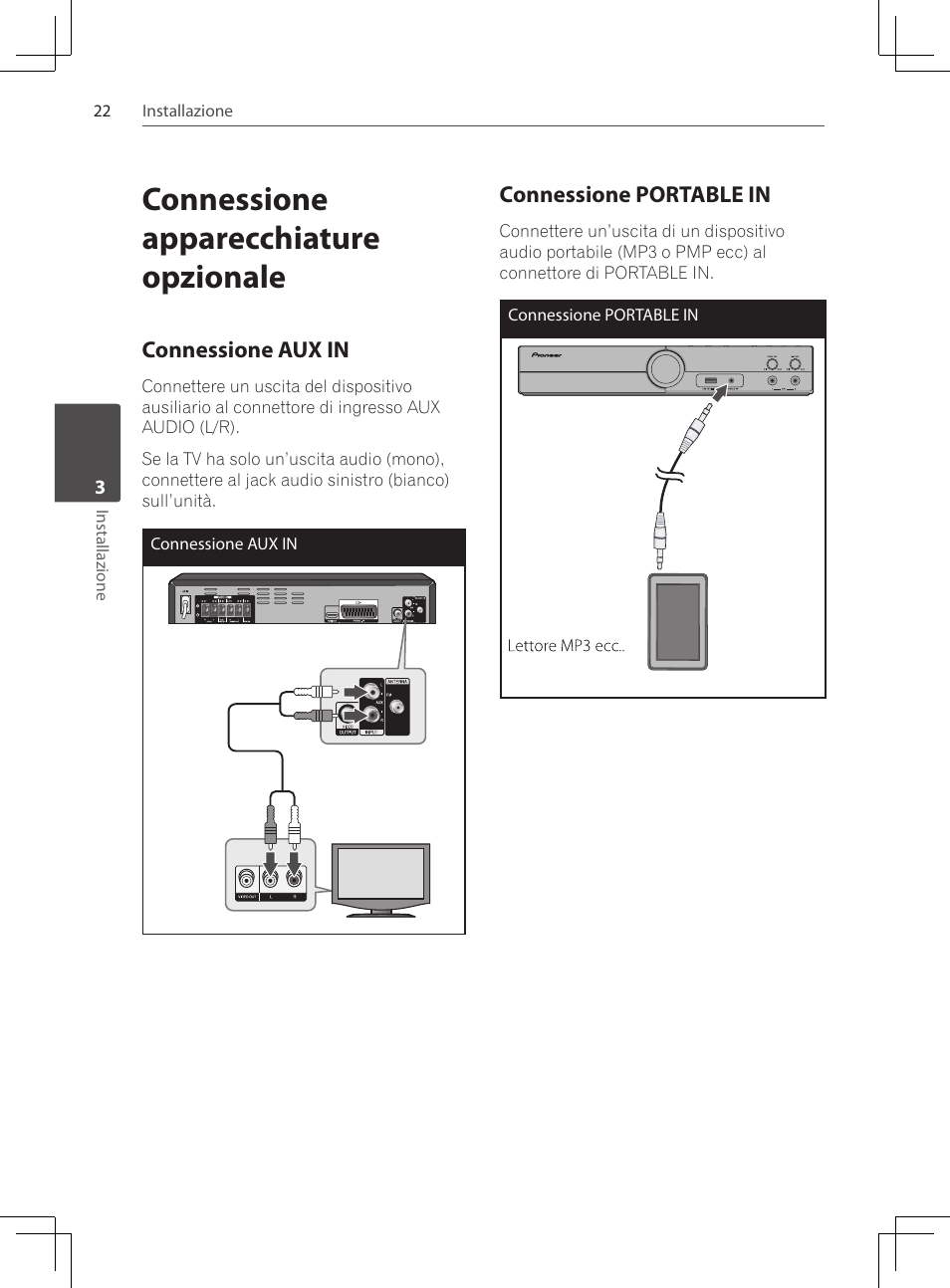 Connessione apparecchiature opzionale, Connessione aux in, Connessione portable in | Pioneer DCS-222K User Manual | Page 160 / 280