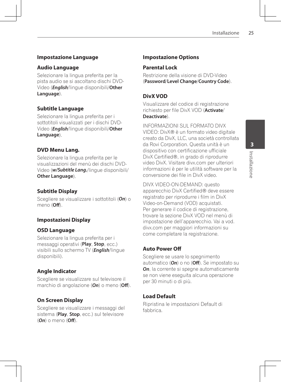 Impostazione language, Impostazioni display, Impostazione options | Pioneer DCS-222K User Manual | Page 163 / 280