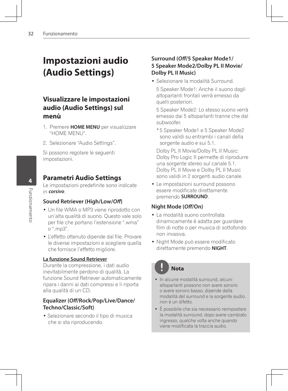 Impostazioni audio (audio settings), Visualizzare le impostazioni audio, Audio settings) sul menù | Parametri audio settings | Pioneer DCS-222K User Manual | Page 170 / 280