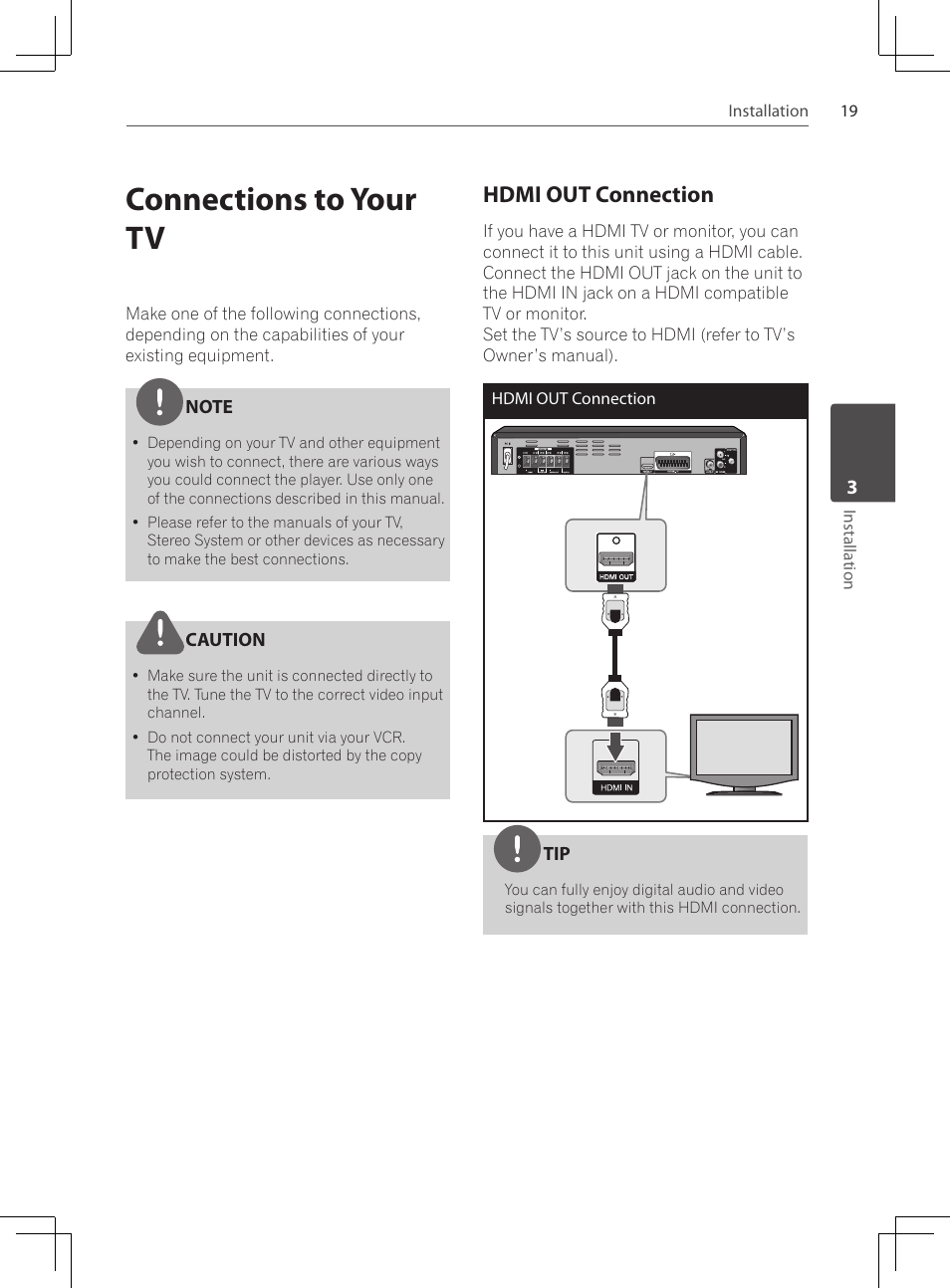 Connections to your tv, Hdmi out connection | Pioneer DCS-222K User Manual | Page 19 / 280
