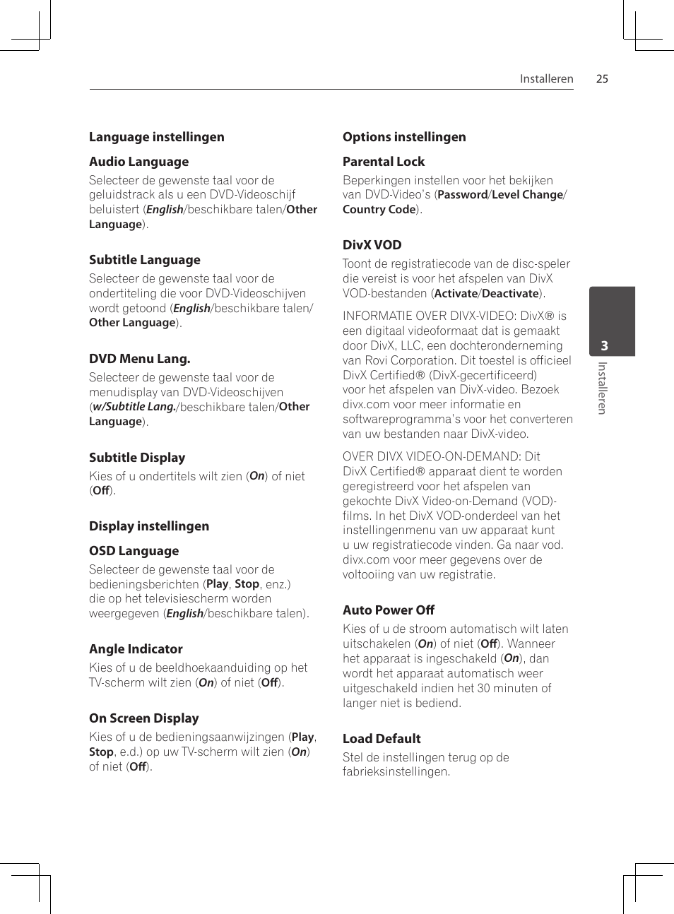 Language instellingen, Display instellingen, Options instellingen | Pioneer DCS-222K User Manual | Page 209 / 280