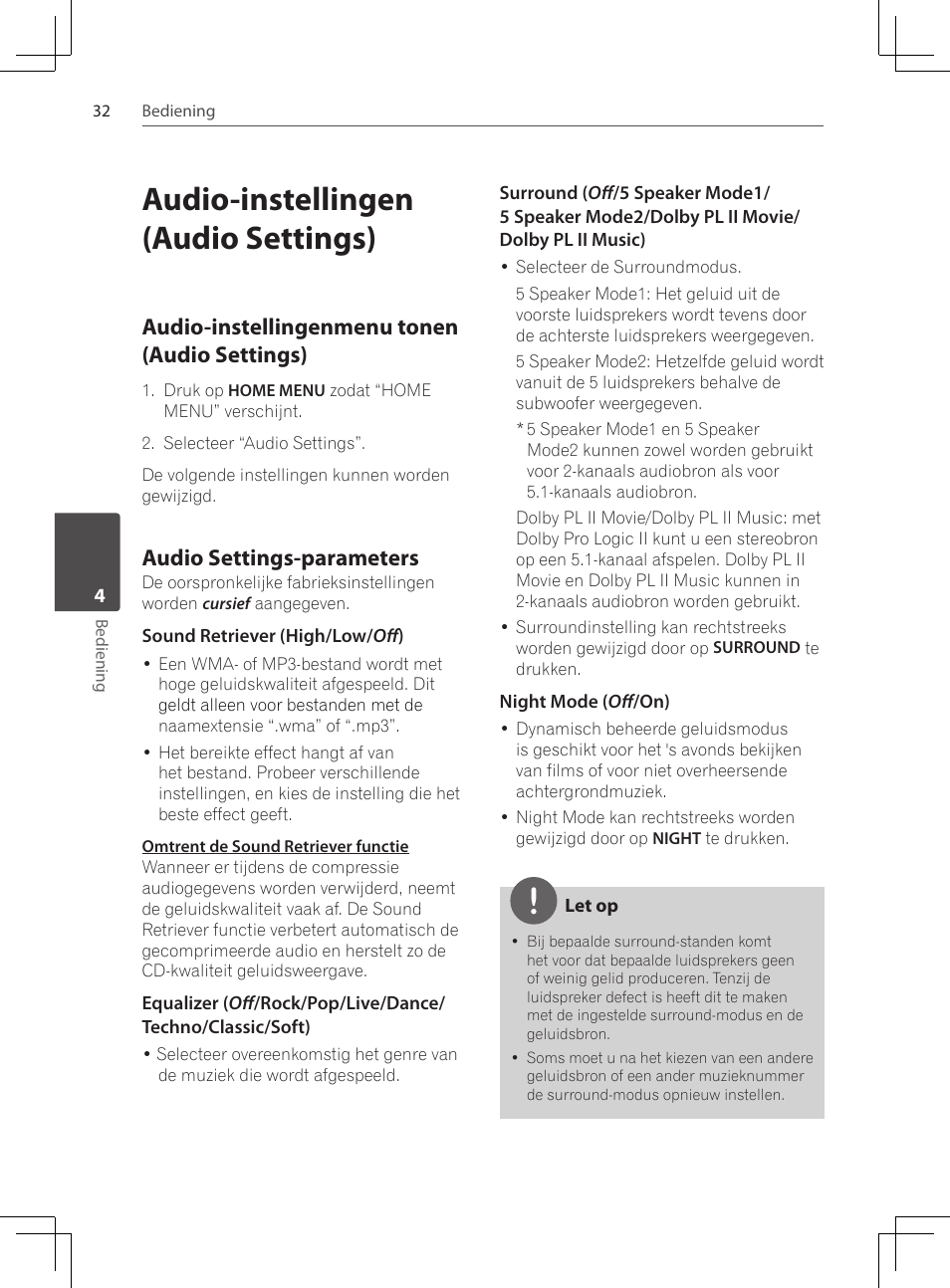 Audio-instellingen (audio settings), Audio-instellingenmenu tonen, Audio settings) | Audio settings-parameters, Audio-instellingenmenu tonen (audio settings) | Pioneer DCS-222K User Manual | Page 216 / 280