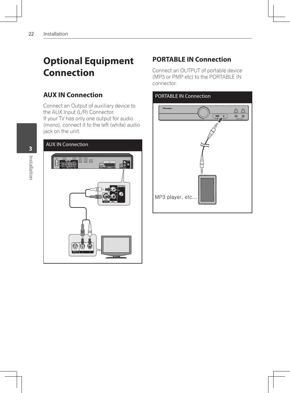 Optional equipment connection, Aux in connection, Portable in connection | Pioneer DCS-222K User Manual | Page 22 / 280