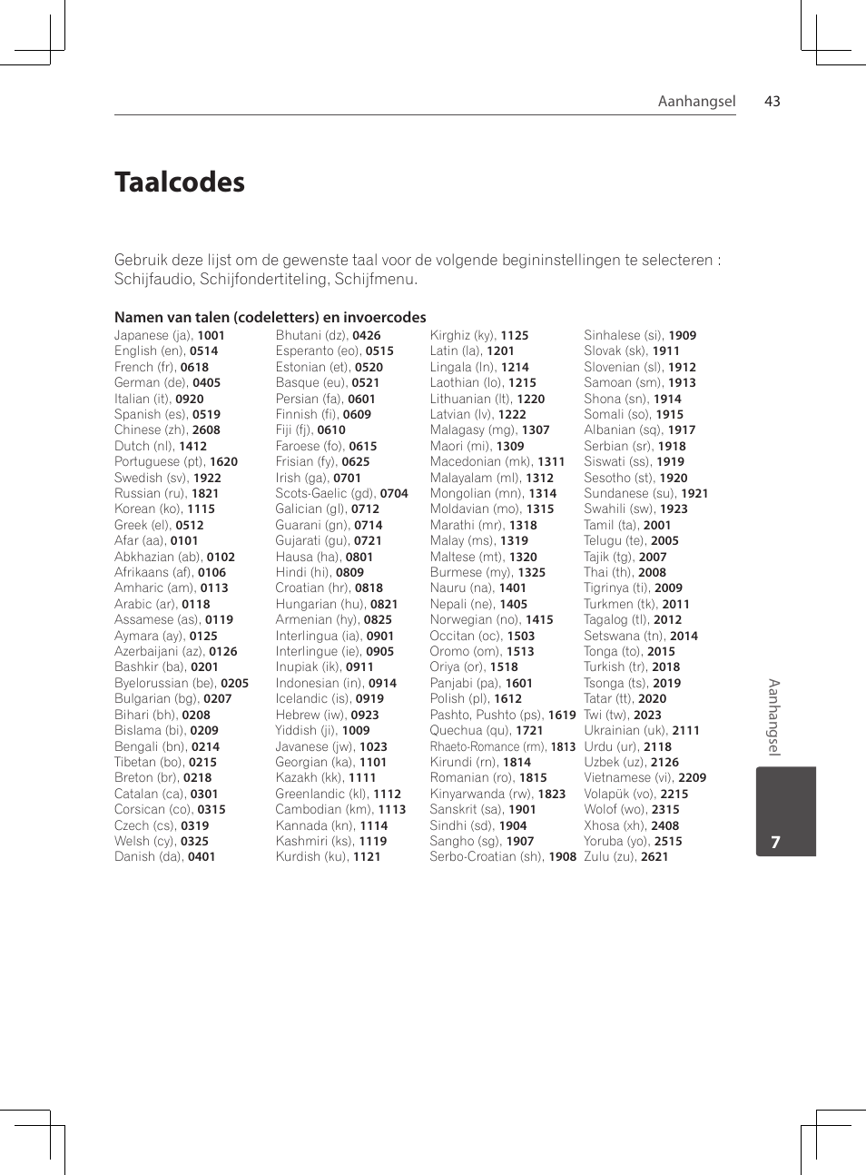 43 taalcodes, Taalcodes | Pioneer DCS-222K User Manual | Page 227 / 280