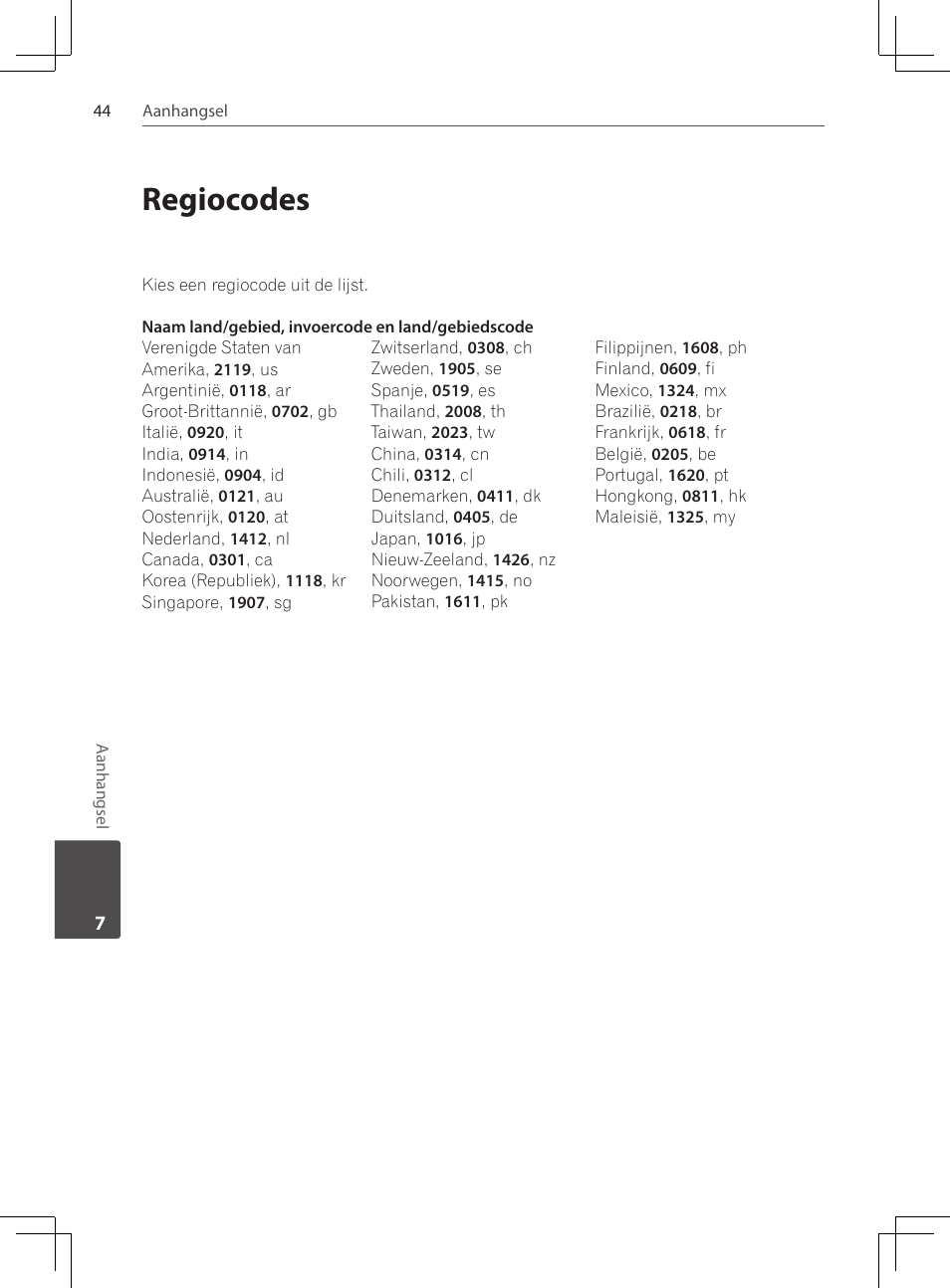 44 regiocodes, Regiocodes | Pioneer DCS-222K User Manual | Page 228 / 280