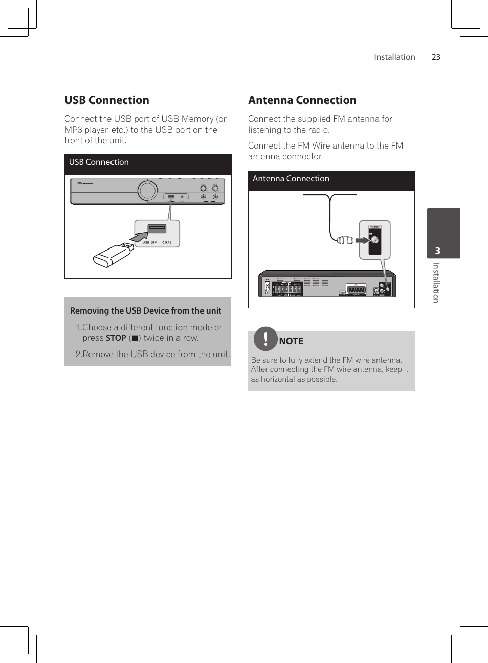 Usb connection, Antenna connection | Pioneer DCS-222K User Manual | Page 23 / 280