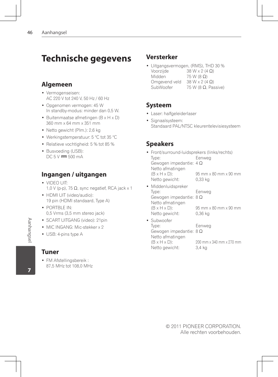 Technische gegevens, Algemeen, Ingangen / uitgangen | Tuner, Versterker, Systeem, Speakers | Pioneer DCS-222K User Manual | Page 230 / 280