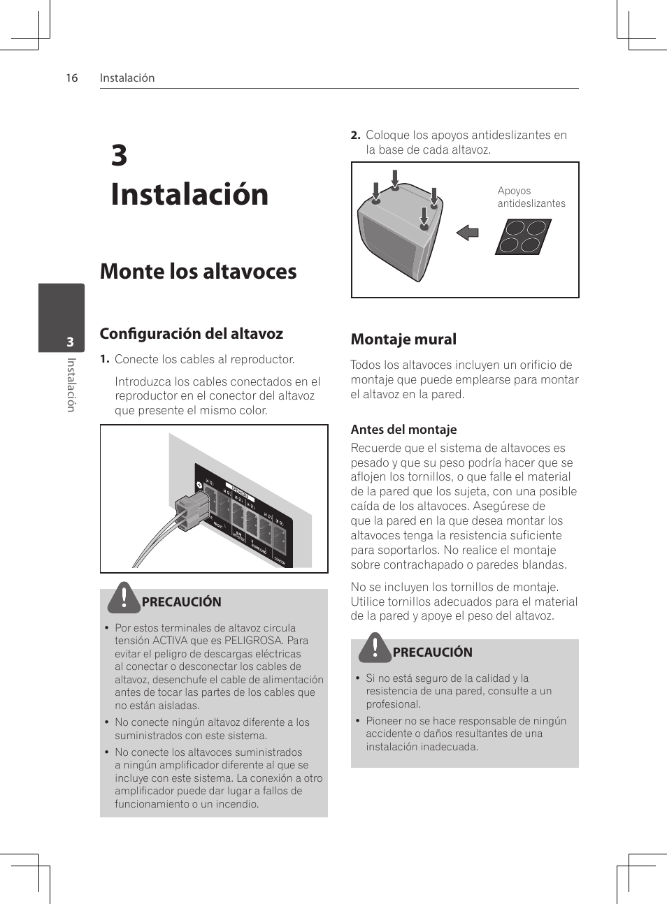 Monte los altavoces, Configuración del altavoz, Montaje mural | 3instalación | Pioneer DCS-222K User Manual | Page 246 / 280