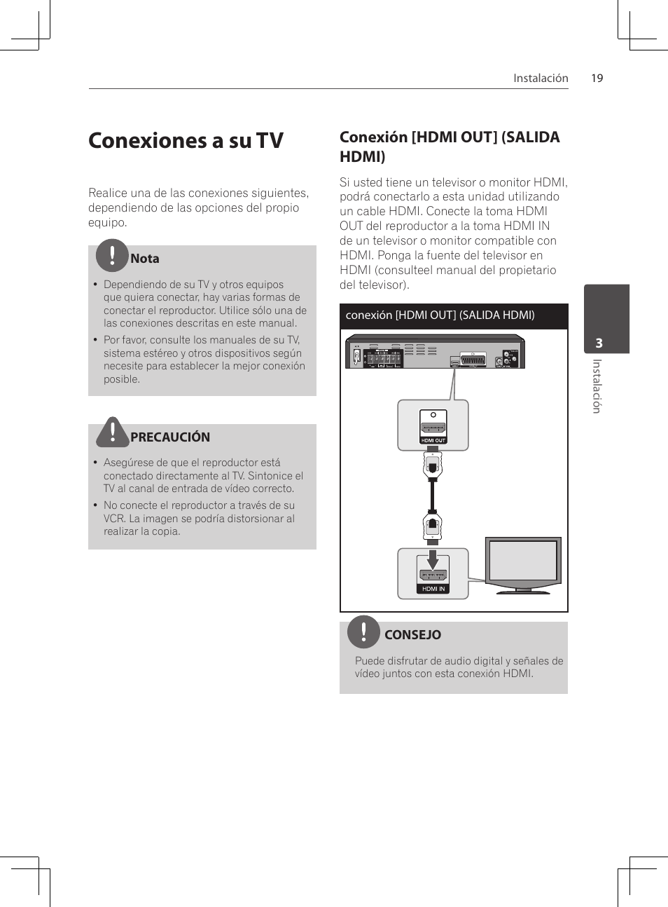 Conexiones a su tv, Conexión [hdmi out] (salida, Hdmi) | Conexión [hdmi out] (salida hdmi) | Pioneer DCS-222K User Manual | Page 249 / 280