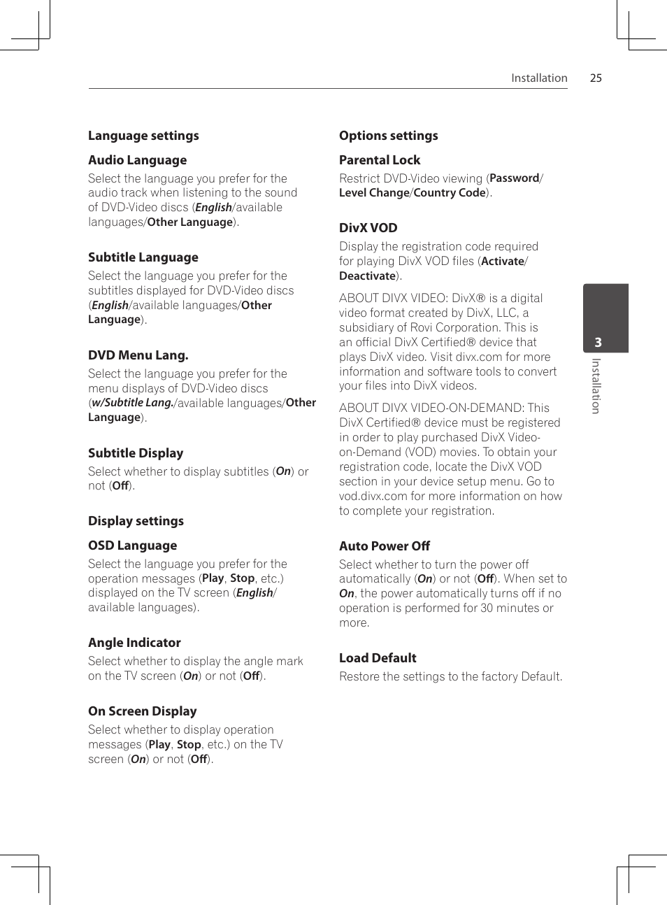 Language settings, Display settings, Options settings | Pioneer DCS-222K User Manual | Page 25 / 280