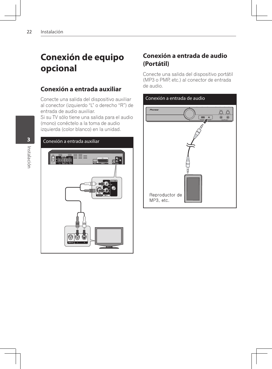 Conexión de equipo opcional, Conexión a entrada auxiliar, Conexión a entrada de audio | Portátil) | Pioneer DCS-222K User Manual | Page 252 / 280