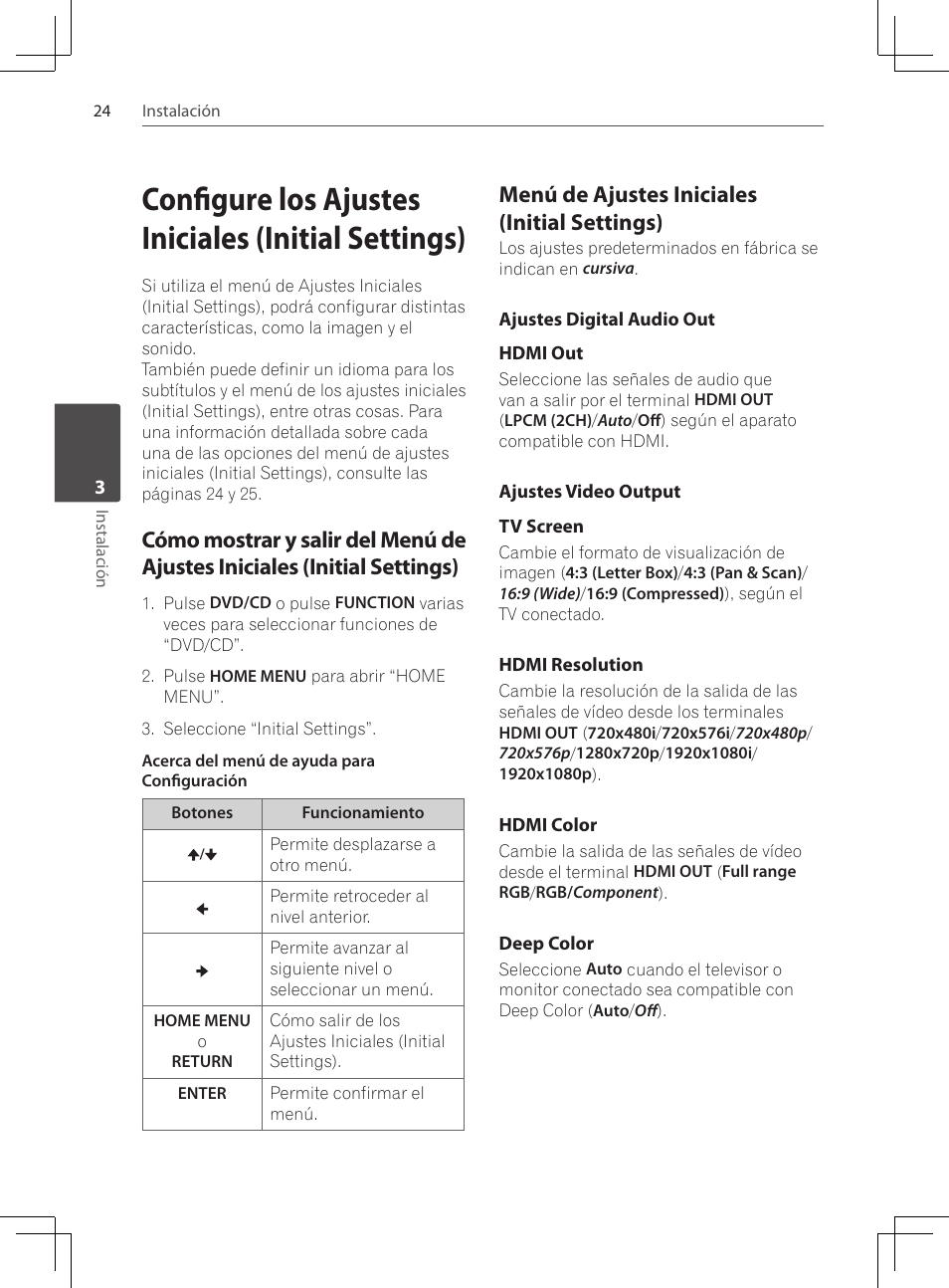 Configure los ajustes iniciales (initial settings), Cómo mostrar y salir del menú de, Ajustes iniciales (initial settings) | Menú de ajustes iniciales (initial, Settings), Ajustes digital audio out, Ajustes video output, Menú de ajustes iniciales (initial settings) | Pioneer DCS-222K User Manual | Page 254 / 280