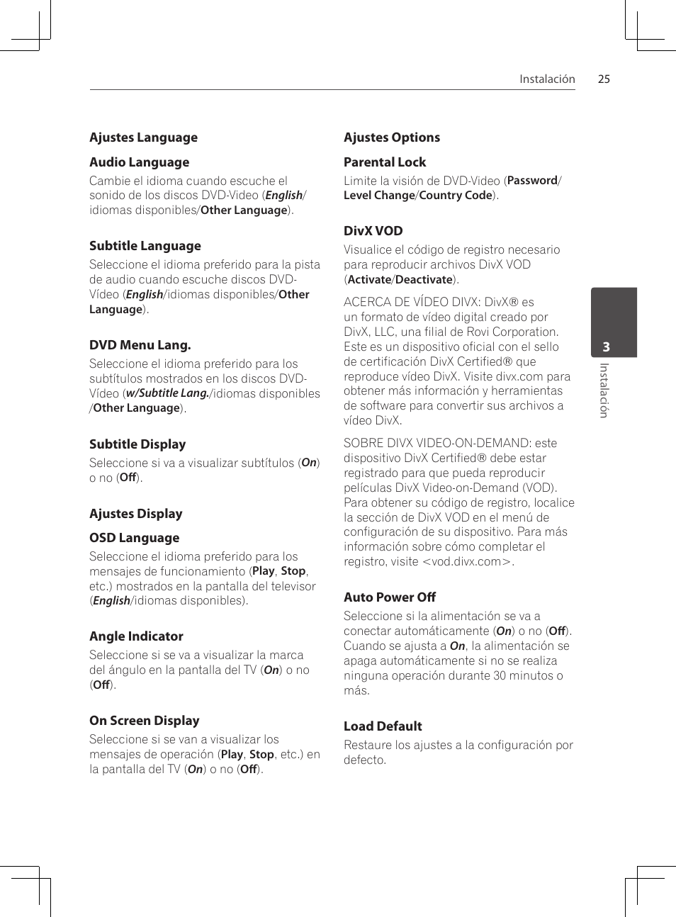 Ajustes language, Ajustes display, Ajustes options | Pioneer DCS-222K User Manual | Page 255 / 280