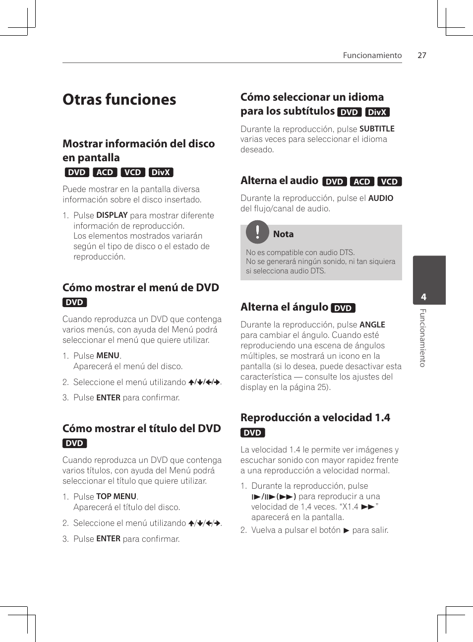 Otras funciones, Mostrar información del disco en, Pantalla | Cómo mostrar el menú de dvd, Cómo mostrar el título del dvd, Cómo seleccionar un idioma para, Los subtítulos, Alterna el audio, Alterna el ánguo, Reproducción a velocidad 1.4 | Pioneer DCS-222K User Manual | Page 257 / 280