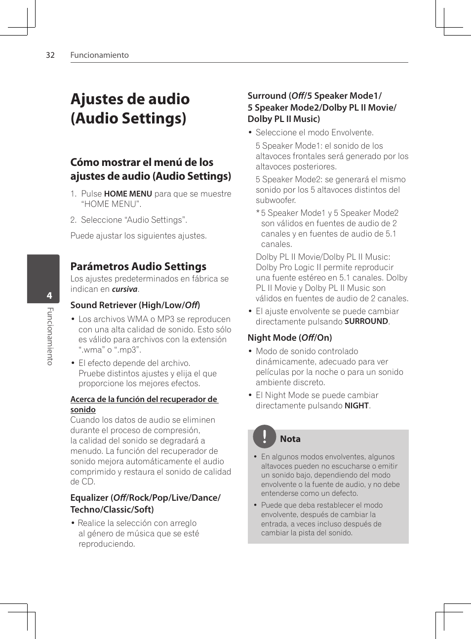 Ajustes de audio (audio settings), Cómo mostrar el menú de los, Parámetros audio settings | Pioneer DCS-222K User Manual | Page 262 / 280