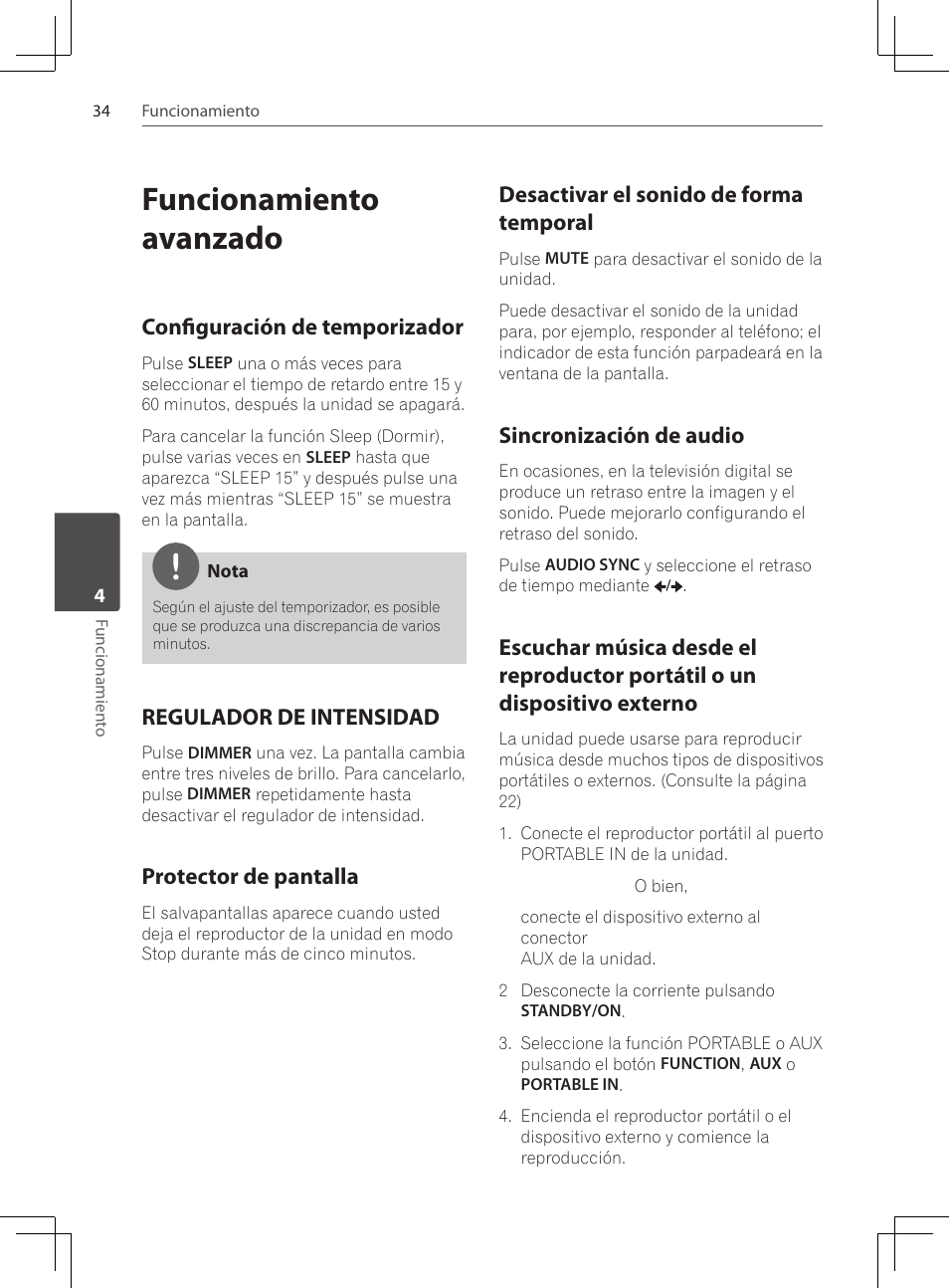 Funcionamiento avanzado, Configuración de temporizador, Regulador de intensidad | Protector de pantalla, Desactivar el sonido de forma, Temporal, Sincronización de audio, Escuchar música desde el, Reproductor portátil o un dispositivo externo, Desactivar el sonido de forma temporal | Pioneer DCS-222K User Manual | Page 264 / 280