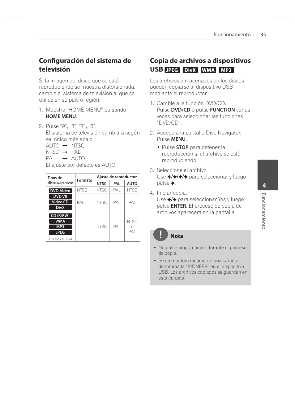 Configuración del sistema de televisión, Copia de archivos a dispositivos usb | Pioneer DCS-222K User Manual | Page 265 / 280