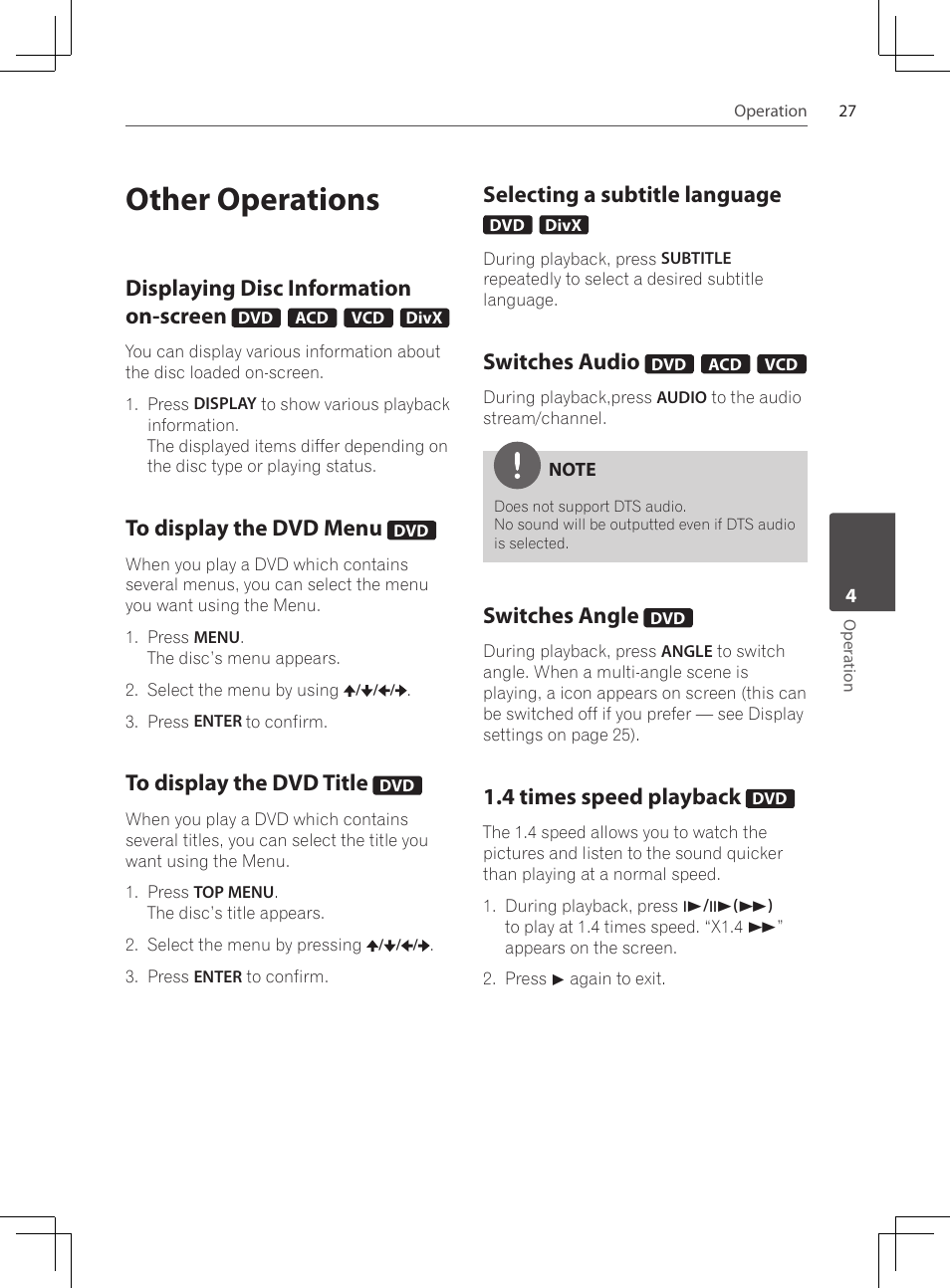 Other operations, Displaying disc information, On-screen | To display the dvd menu, To display the dvd title, Selecting a subtitle language, Switches audio, Switches angle, 4 times speed playback, Displaying disc information on-screen | Pioneer DCS-222K User Manual | Page 27 / 280