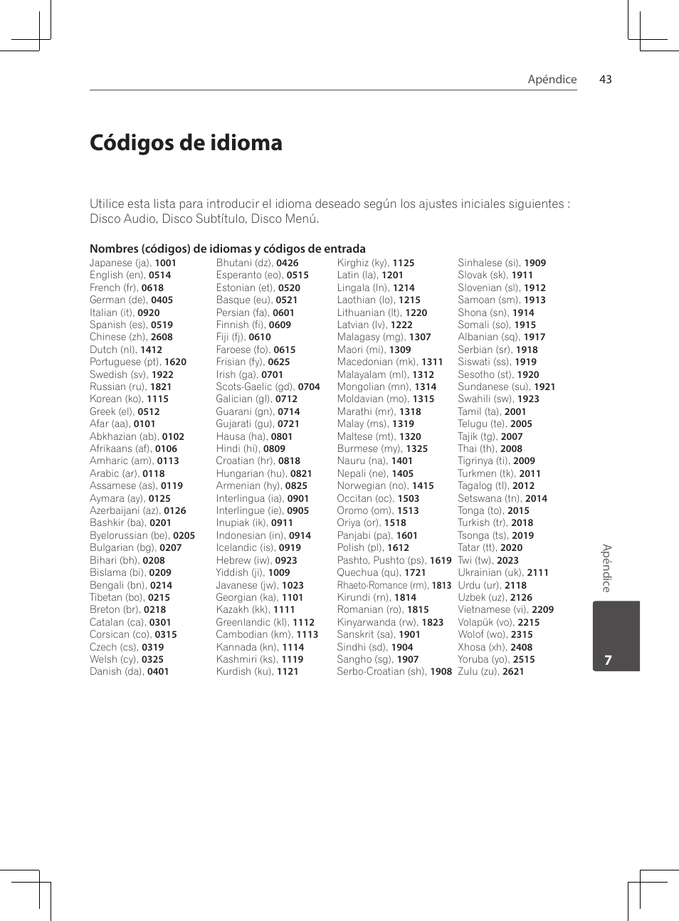 Códigos de idioma | Pioneer DCS-222K User Manual | Page 273 / 280