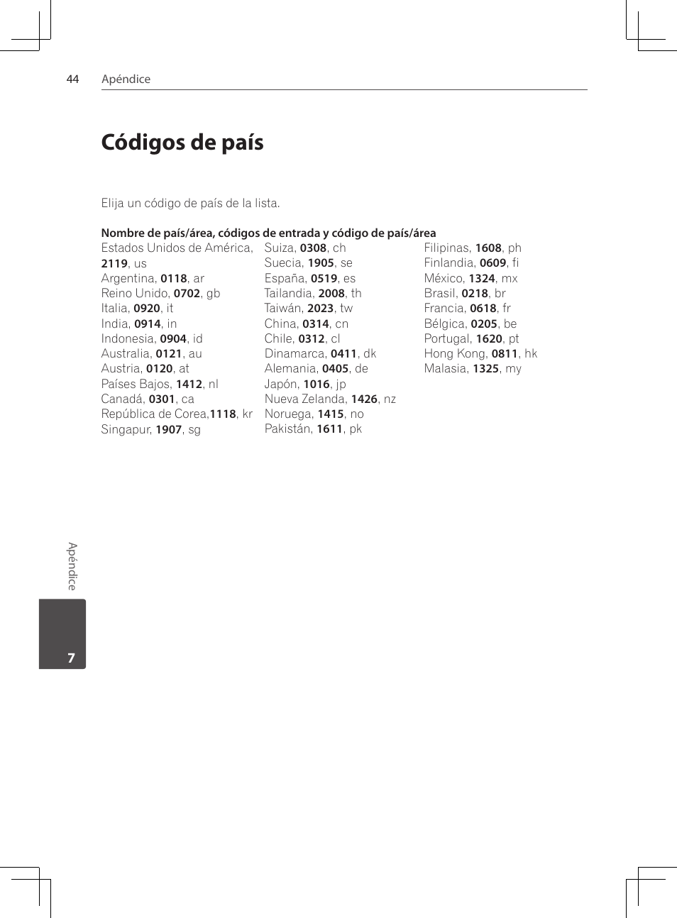 Códigos de país | Pioneer DCS-222K User Manual | Page 274 / 280