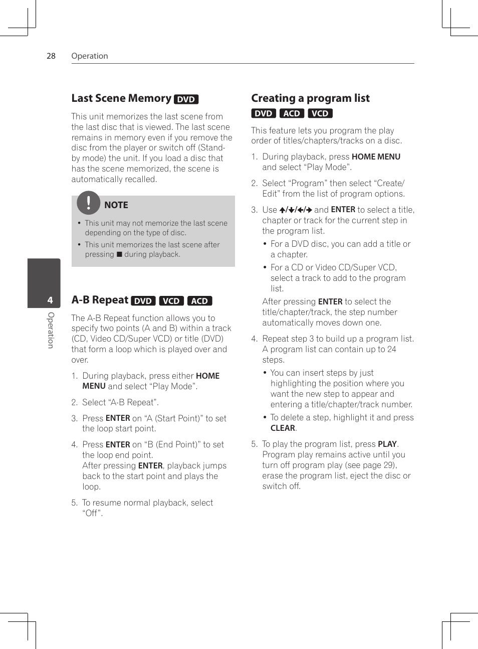 Last scene memory, A-b repeat, Creating a program list | Pioneer DCS-222K User Manual | Page 28 / 280