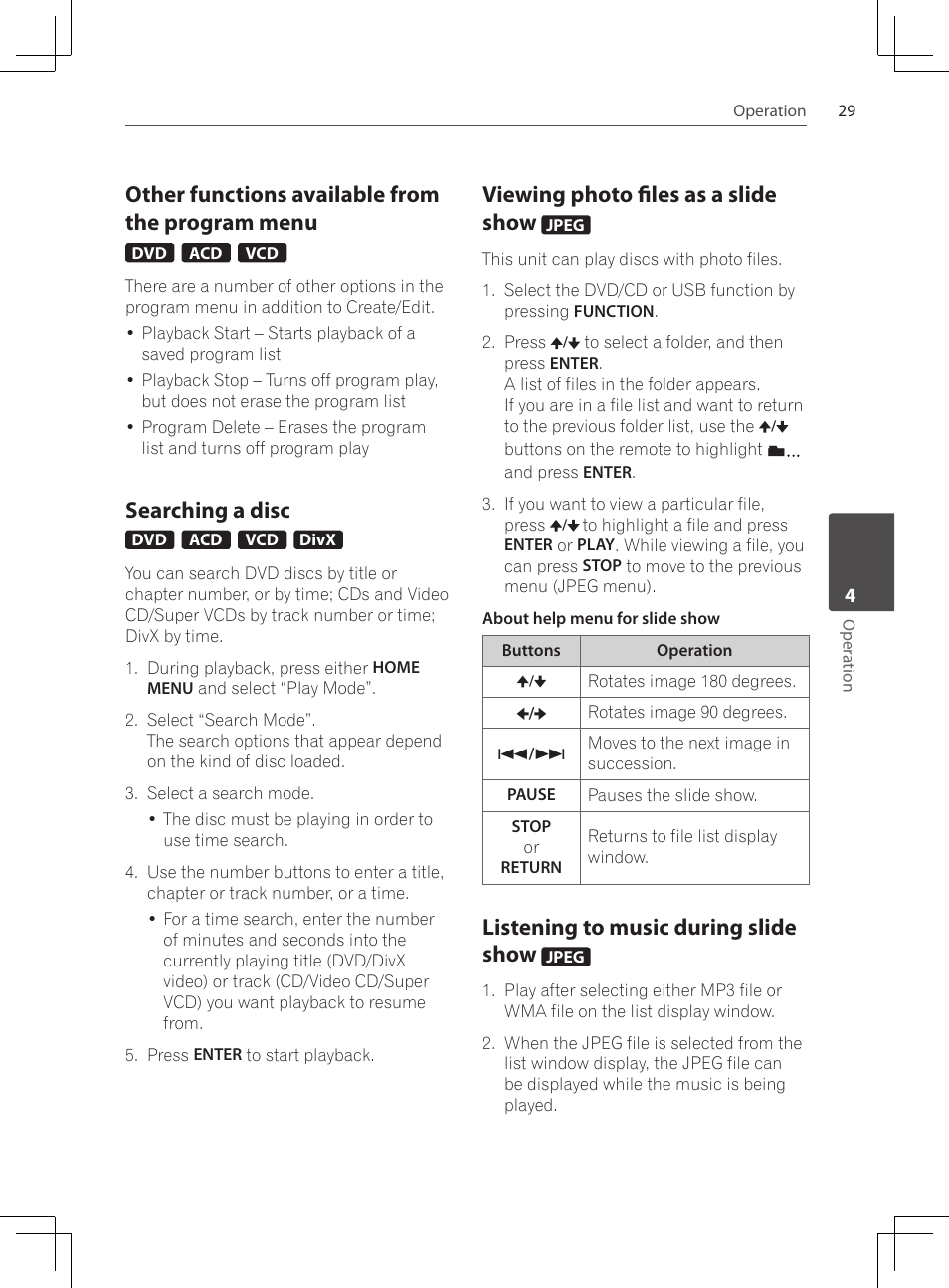 Other functions available from the, Program menu, Searching a disc | Viewing photo files as a slide show, Listening to music during slide, Show, Other functions available from the program menu, Listening to music during slide show | Pioneer DCS-222K User Manual | Page 29 / 280