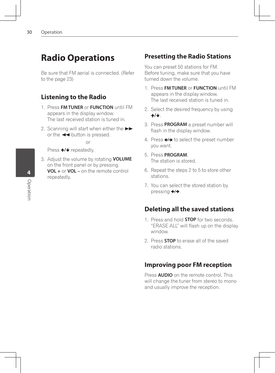 Radio operations, Listening to the radio, Presetting the radio stations | Deleting all the saved stations, Improving poor fm reception | Pioneer DCS-222K User Manual | Page 30 / 280