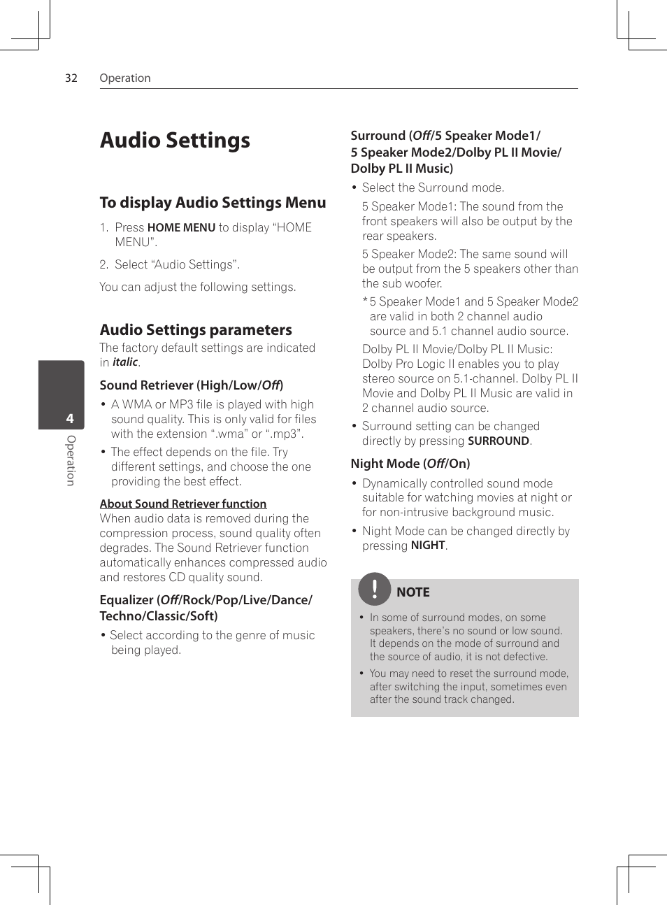 Audio settings, To display audio settings menu, Audio settings parameters | Pioneer DCS-222K User Manual | Page 32 / 280