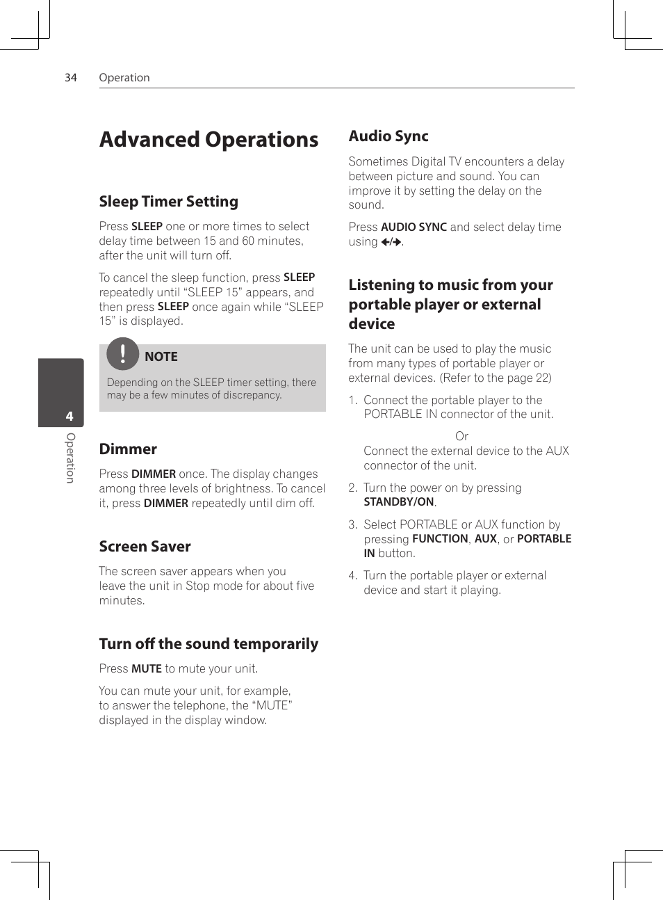 Advanced operations, Sleep timer setting, Dimmer | Screen saver, Turn off the sound temporarily, Audio sync, Listening to music from your, Portable player or external device | Pioneer DCS-222K User Manual | Page 34 / 280