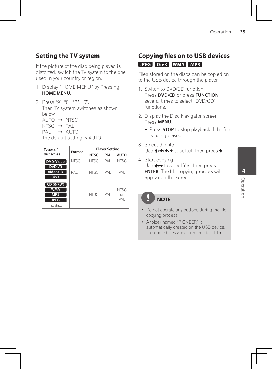 Setting the tv system, Copying files on to usb devices | Pioneer DCS-222K User Manual | Page 35 / 280