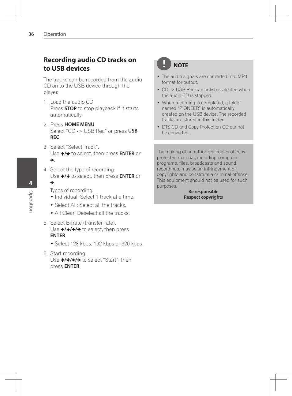 Recording audio cd tracks on to usb devices | Pioneer DCS-222K User Manual | Page 36 / 280