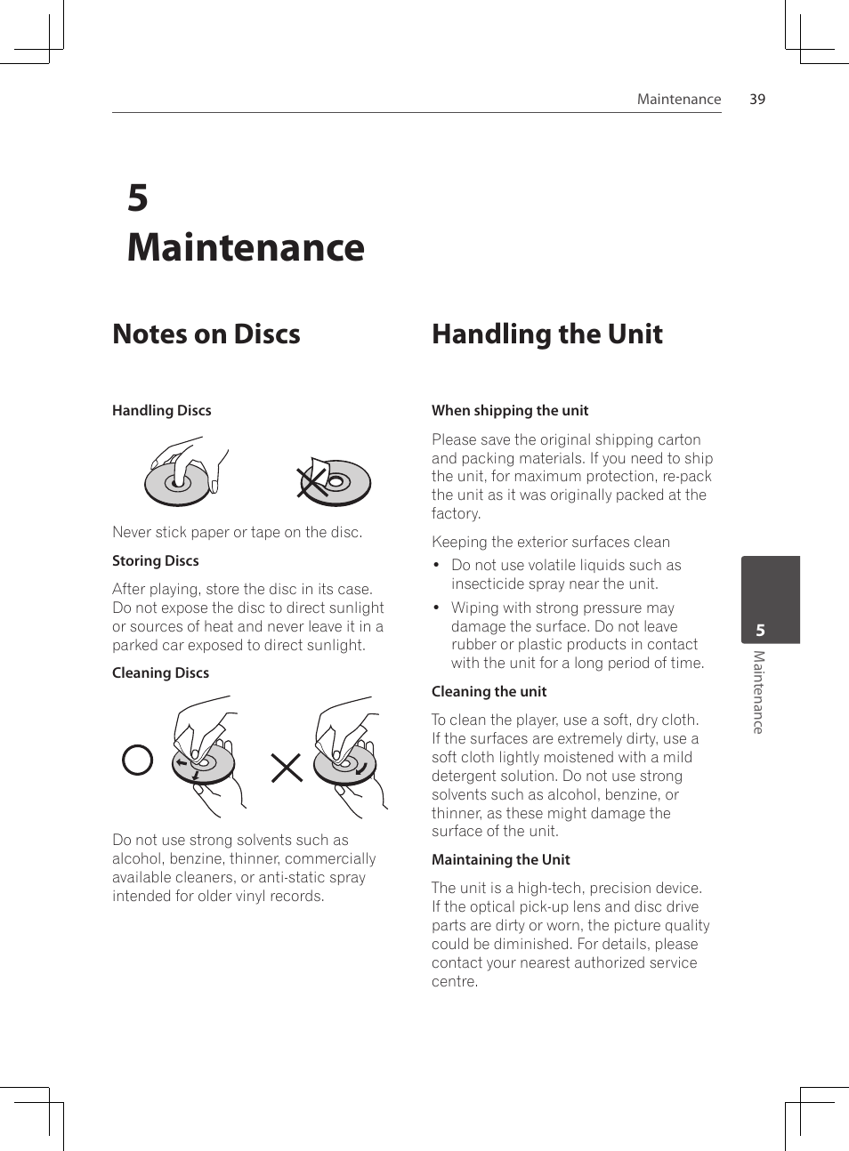 Notes on discs, Handling the unit, 5maintenance | Pioneer DCS-222K User Manual | Page 39 / 280