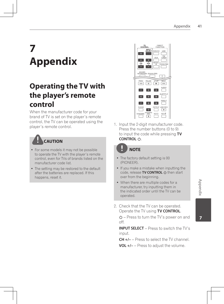 Operating the tv with the player’s remote control, 7appendix | Pioneer DCS-222K User Manual | Page 41 / 280