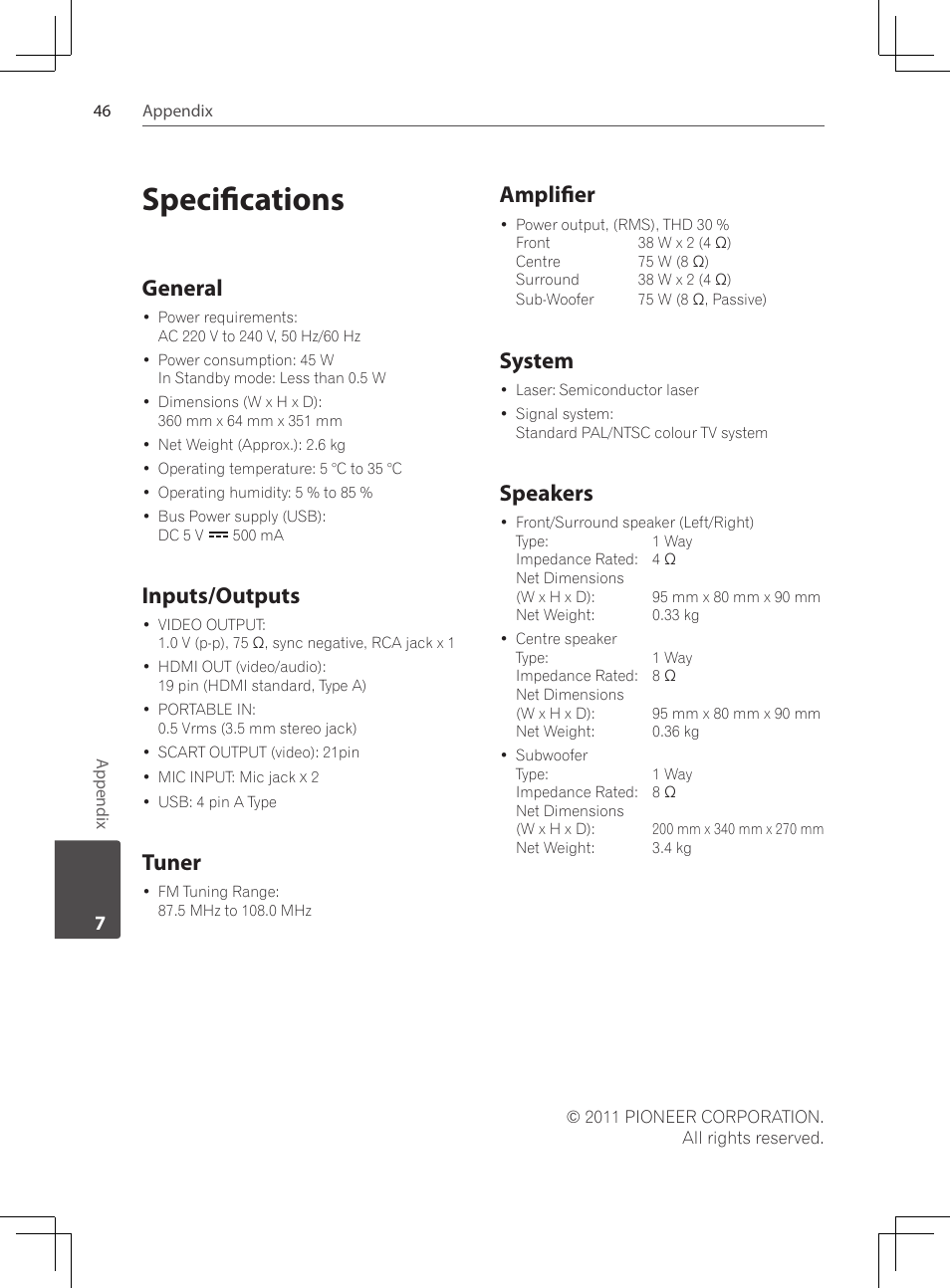 46 specifications, Specifications, General | Inputs/outputs, Tuner, Amplifier, System, Speakers | Pioneer DCS-222K User Manual | Page 46 / 280