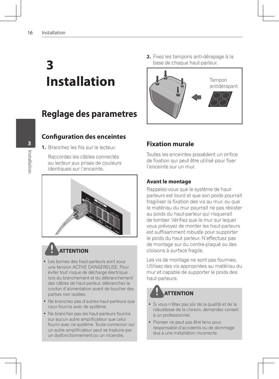 Reglage des parametres, Configuration des enceintes, Fixation murale | 3installation | Pioneer DCS-222K User Manual | Page 62 / 280