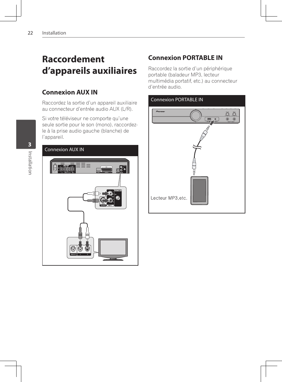 Raccordement d’appareils auxiliaires, Connexion aux in, Connexion portable in | Pioneer DCS-222K User Manual | Page 68 / 280