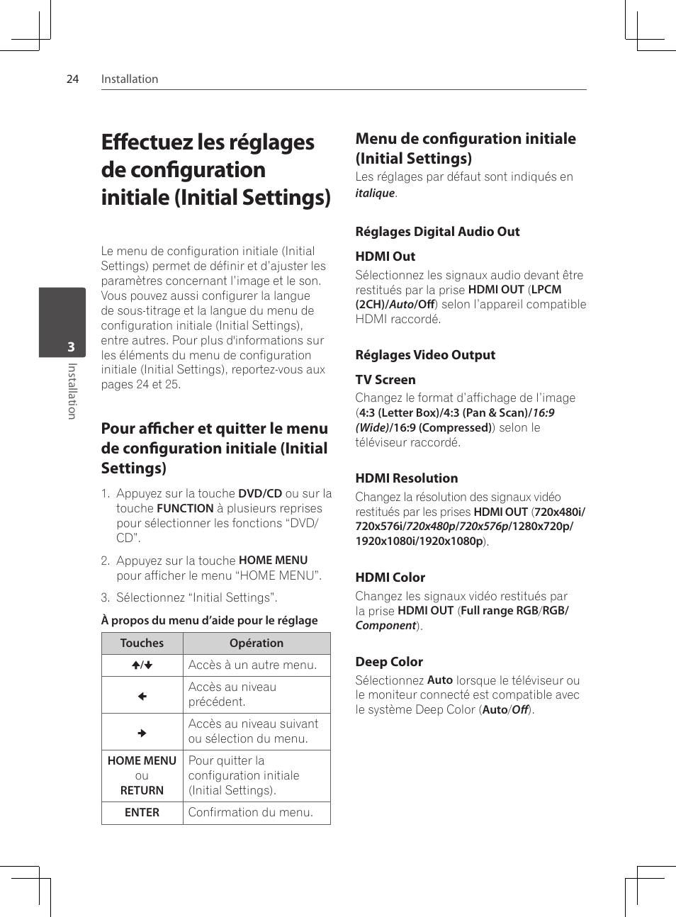 Pour afficher et quitter le menu, De configuration initiale (initial settings), Menu de configuration initiale | Initial settings), Réglages digital audio out, Réglages video output, Menu de configuration initiale (initial settings) | Pioneer DCS-222K User Manual | Page 70 / 280