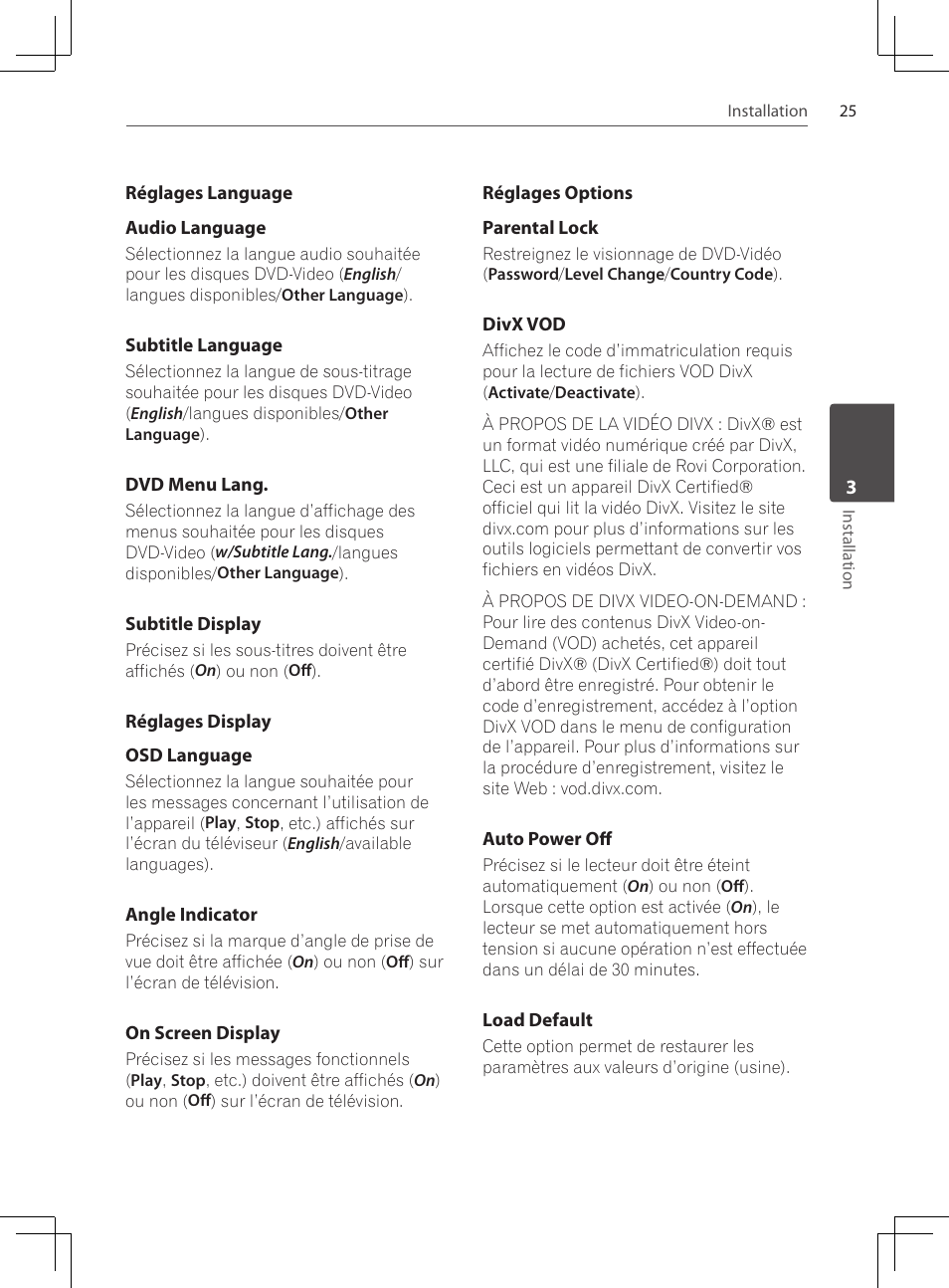 Réglages language, Réglages display, Réglages options | Pioneer DCS-222K User Manual | Page 71 / 280