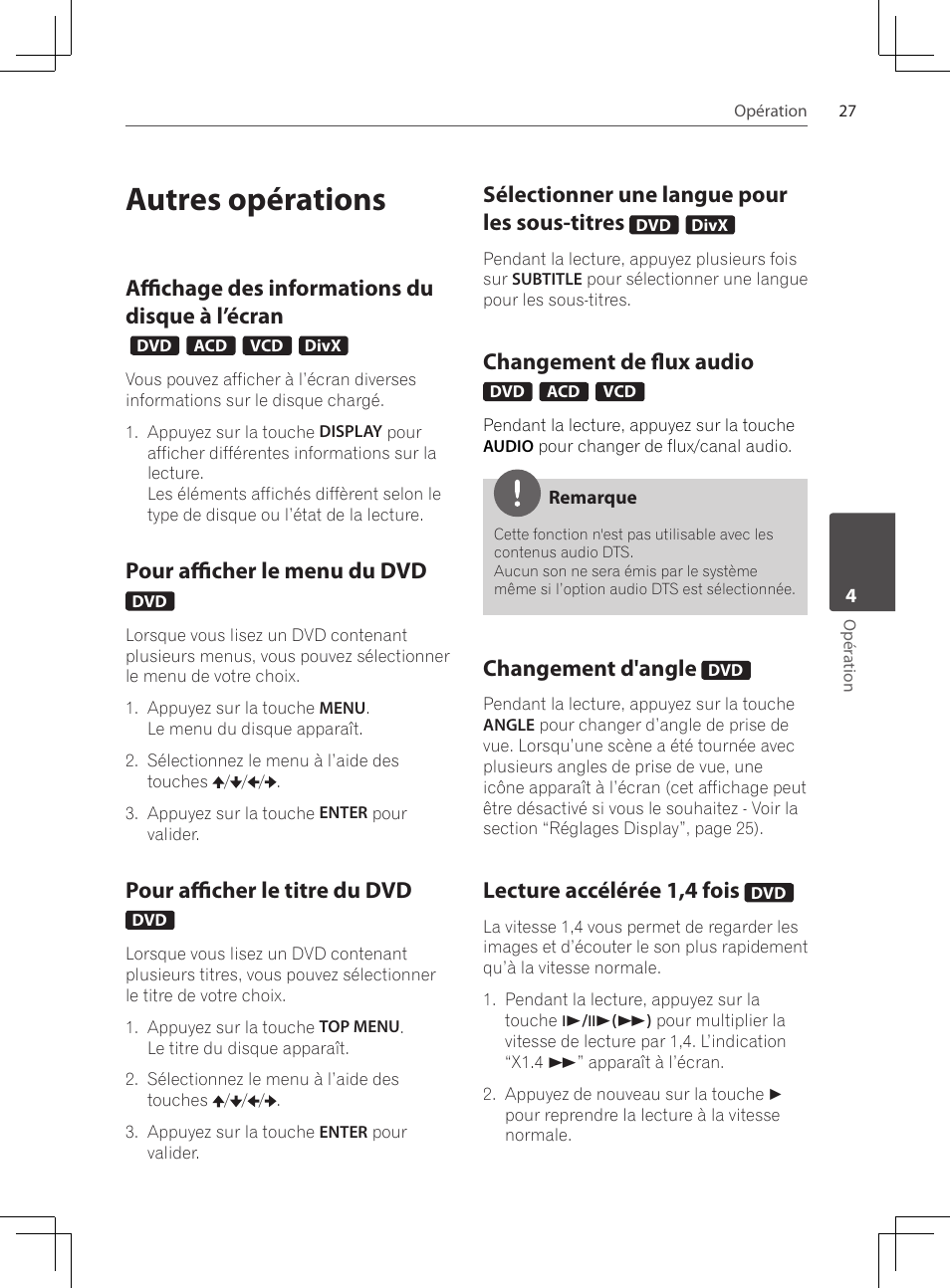 Autres opérations, Affichage des informations du, Disque à l’écran | Pour afficher le menu du dvd, Pour afficher le titre du dvd, Sélectionner une langue pour les, Sous-titres, Changement de flux audio, Changement d'angle, Lecture accélérée 1,4 fois | Pioneer DCS-222K User Manual | Page 73 / 280