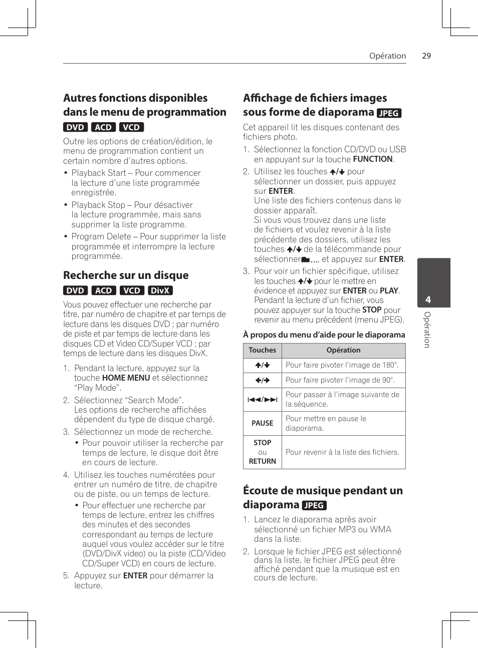 Autres fonctions disponibles dans, Le menu de programmation, Recherche sur un disque | Affichage de fichiers images sous, Forme de diaporama, Écoute de musique pendant un, Diaporama, Écoute de musique pendant un diaporama | Pioneer DCS-222K User Manual | Page 75 / 280