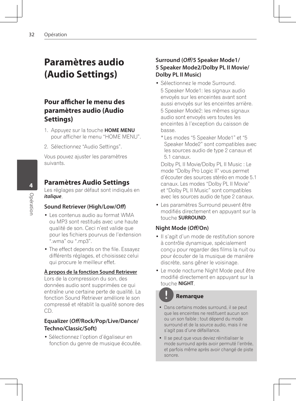 Paramètres audio (audio settings), Pour afficher le menu des, Paramètres audio settings | Pioneer DCS-222K User Manual | Page 78 / 280