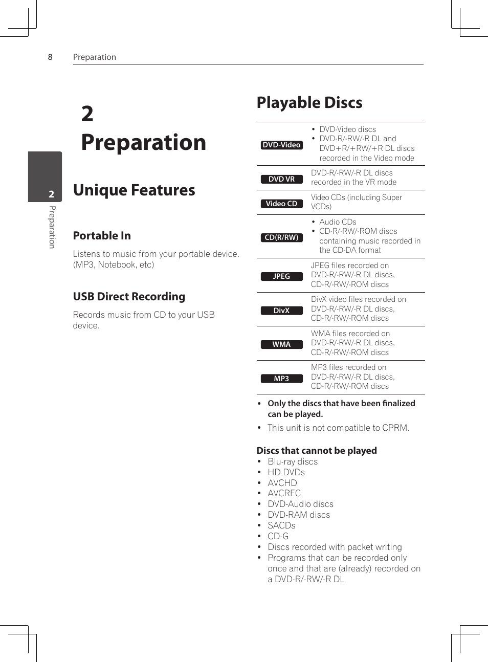 Unique features, Playable discs, 2preparation | Portable in, Usb direct recording | Pioneer DCS-222K User Manual | Page 8 / 280