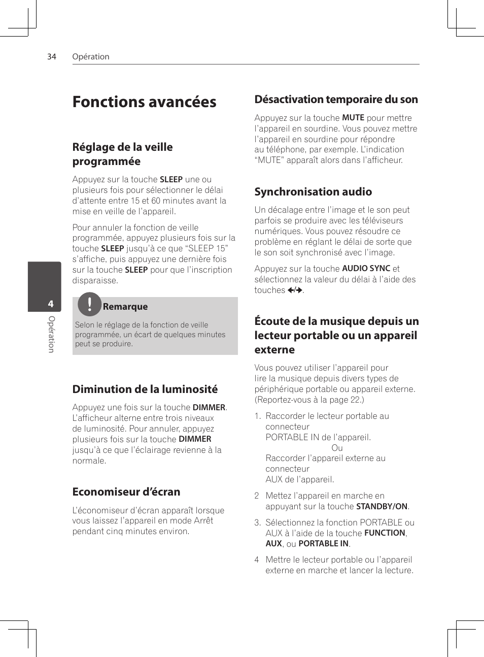 Fonctions avancées, Réglage de la veille programmée, Diminution de la luminosité | Economiseur d’écran, Désactivation temporaire du son, Synchronisation audio, Écoute de la musique depuis un, Lecteur portable ou un appareil externe | Pioneer DCS-222K User Manual | Page 80 / 280