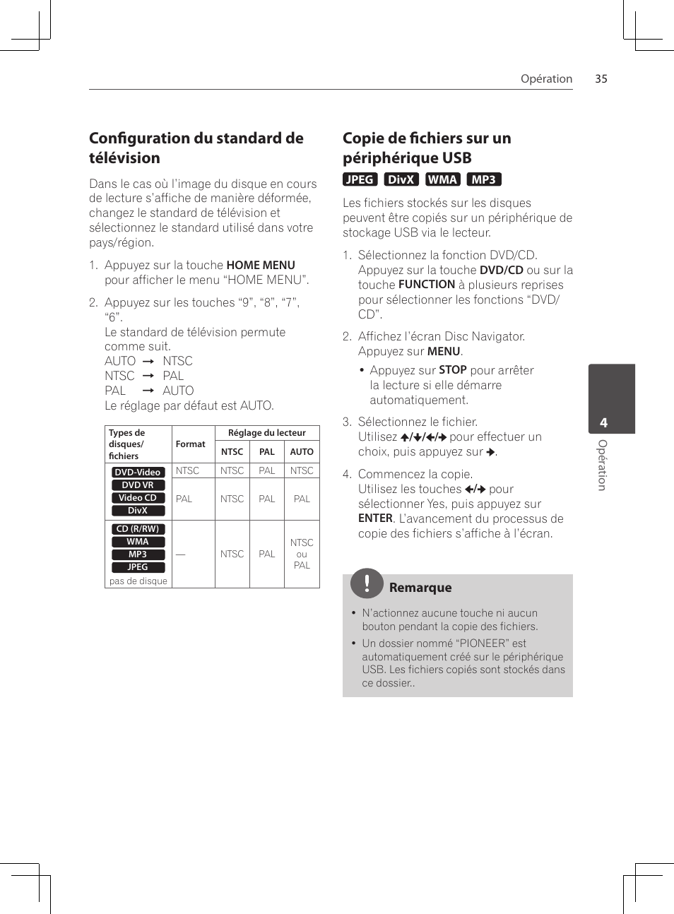 Configuration du standard de, Télévision, Copie de fichiers sur un périphérique usb | Configuration du standard de télévision | Pioneer DCS-222K User Manual | Page 81 / 280