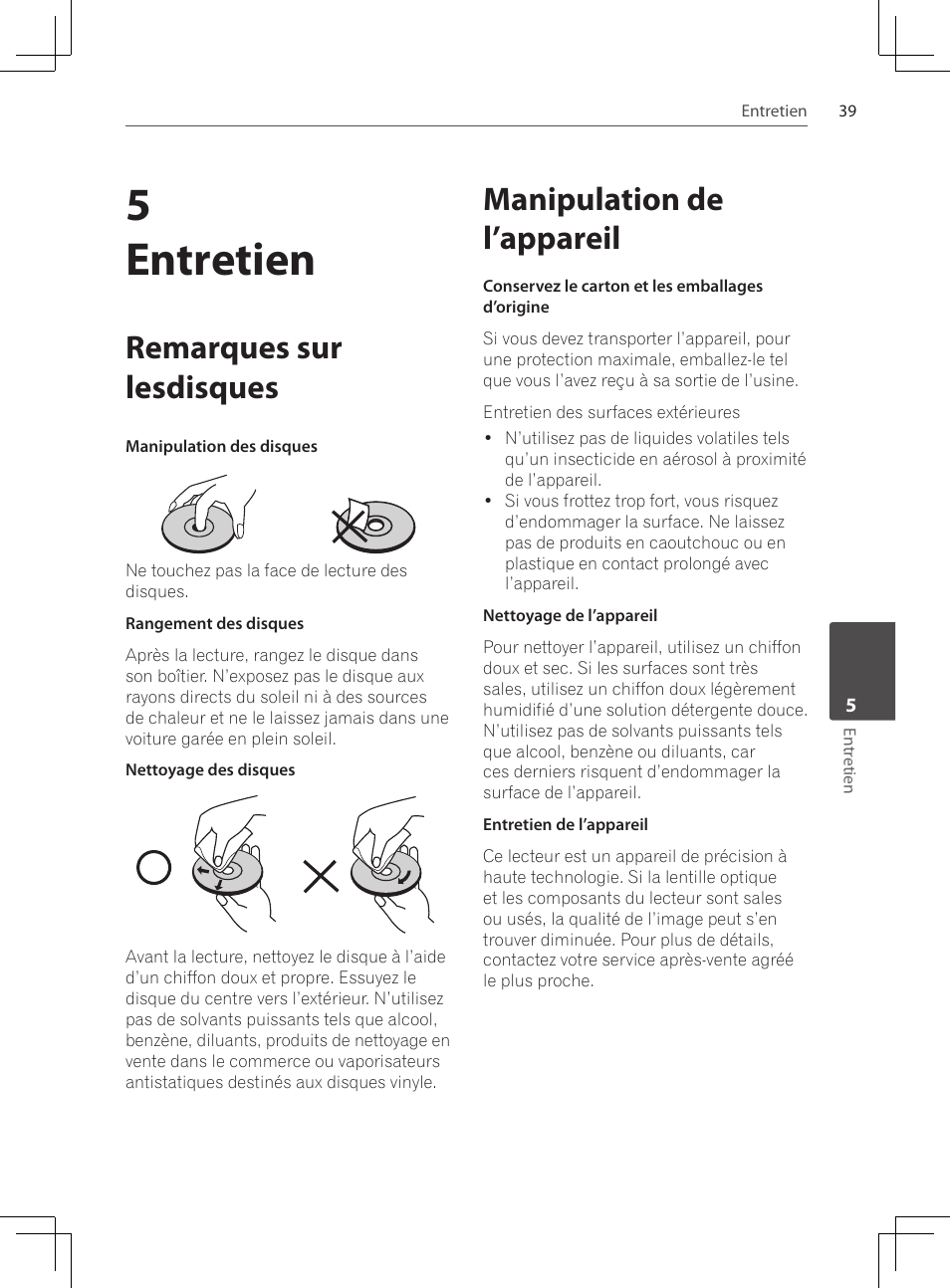 Remarques sur lesdisques, Manipulation de l’appareil, 5entretien | Pioneer DCS-222K User Manual | Page 85 / 280