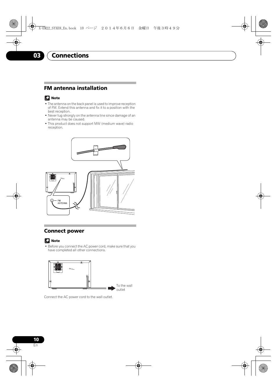 Fm antenna installation, Connect power, Connections 03 | Pioneer X-EM12 User Manual | Page 10 / 28
